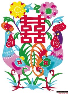 an image of roosters and flowers with chinese characters