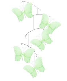 four green butterflies hanging from a string on a white background with the words,'i love