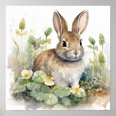 a watercolor painting of a rabbit surrounded by flowers