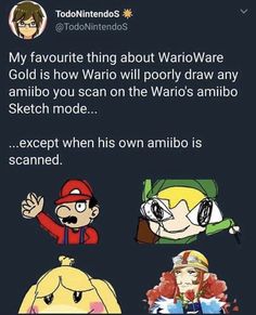 an image of some cartoon characters with caption that reads, my favorite thing about warioware gold is how mario will poorly