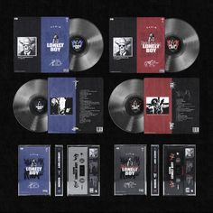 six different cd's are shown in black and red covers, with the same artwork on them