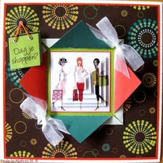 a handmade card with two women holding shopping bags and the words dag de shoppec on it