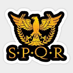 a sticker with the word spqr written in black and gold on it