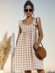 Peilia - Chic Plaid Square Neck Dress with Ruffle Trim, Sleeveless High Waist Womens Dress Hacks Clothes, Square Neck Dress, Cotton Clothing, Fashion Hacks, Sewing Design, Fairy Godmother, Home Dress, Khaki Dress, Fashion Hacks Clothes