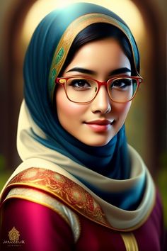 a painting of a woman wearing glasses and a headscarf