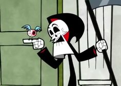 a cartoon character holding a stick and pointing to the door with an evil clown on it