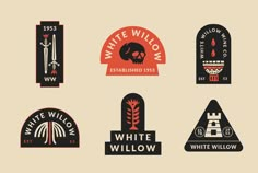 six different logos designed for white willow brewing, including an orange and black sign with the word