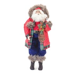 a santa clause doll standing in front of a white background