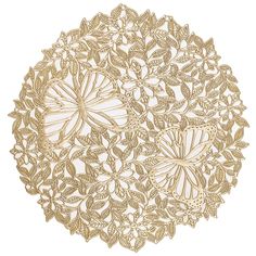 an intricately designed doily with butterflies on the center and leaves in the middle