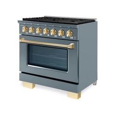 an oven with two burners and gold trimmings on the front, in grey