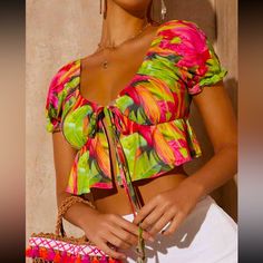 Nwt!!! Shein Green/Pink Tropical Print Tie Front Ruffle Crop Top, Size Small (4). Great Beautiful Summer Top! Great For Vacay, Festivals, Or A Nice Relaxing Day At The Beach - Bust: 33.1” - Length: 17.3” - Sleeve: 8.7” - Bicep: 17.7” - 91% Polyester - 9% Elastane - Machine Wash - Do Not Dry Clean - Wash With The Softest Detergent Offers Welcome Comes From A Smoke Free Home Flirty Green Summer Tops, Tropical Spring Tops, Fitted Tropical Tops For Spring, Flirty Pink Vacation Tops, Flirty Pink Tops For Vacation, Pink Tropical Top For Spring, Pink Tropical Print Top For Spring, Trendy Pink Tropical Print Top, Trendy Pink Tops With Tropical Print