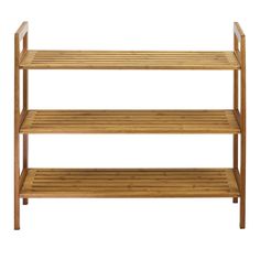 a wooden shelf with three shelves on it