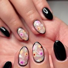 Checker Flower Nails, Almond Nails Manicure, Cottagecore Almond Nails, Black Nails With Colorful Flowers, Black Nail Flower Designs, Alternative Spring Nails, Spring Nails With Black, Alt Spring Nails, Black Nails Spring