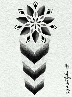 a black and white drawing of a flower on top of a chevroned background