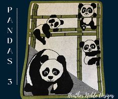 the pandas are hanging out on the bamboo ladder in this crocheted afghan