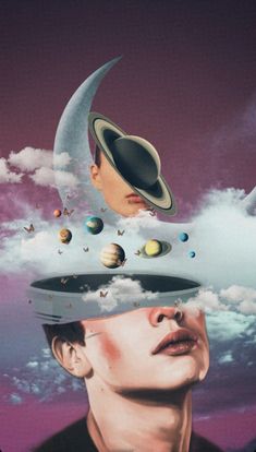 a man's head with planets floating in the sky above it and an image of saturn on his forehead