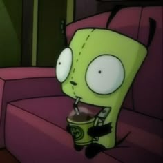 a cartoon character sitting on a couch with a cup in his hand and looking at the camera