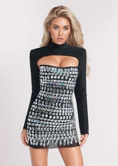 This Crystal Embroidered Lace-Up Back Bodycon Dress & Top is the perfect party outfit. With its elegant long sleeve design and intricate crystal embroidery, it exudes sophistication. The mini strapless dress is both stylish and comfortable, making it a must-have for any occasion. Fabric: Slight Stretch Material: Polyester Fiber Sparkling Long Sleeve Sequin Dress For Date Night, Long Sleeve Sparkling Sequin Dress For Date Night, Long Sleeve Sparkling Sequin Dress For Holiday Party, Long Sleeve Sequined Bodycon Mini Dress, Long Sleeve Sequin Dress For Club And Party Season, Sparkling Long Sleeve Dress For Night Out, Long Sleeve Sparkling Mini Dress For Party Season, Long Sleeve Sparkling Dress For Night Out, Long Sleeve Bodycon Sequin Dress For Club