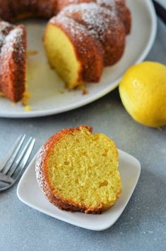 a lemon bunt cake on a plate with a fork