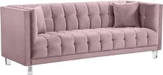 a pink velvet couch with chrome legs and backrests on an isolated white background