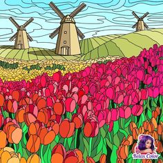 a field full of flowers with windmills in the background