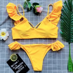 Pop sexy split Lotus leaf edge pure color Swimsuit Ruffles, Yellow Swimwear, Padded Swimwear, Swimsuit Material, Push Up Swimsuit, Ruffle Swimsuit, Swim Suits, Beach Wear, Waist Length