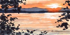 a watercolor painting of a sunset over a lake