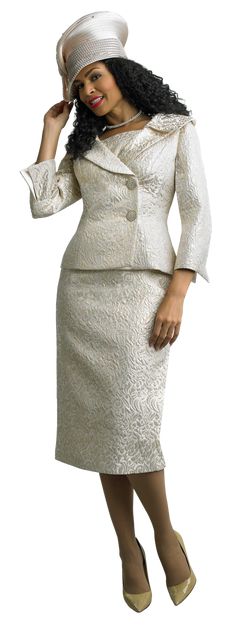 Lily and Taylor 4648 2 piece Jacquard Skirt Suit   Colors: Gold/Ivory, Lavender/Silver, Mint/Silver, Silver/Silver           Sizes: 4, 6, 8, 10, 12, 14, 16, 18, 20, 22, 24  Matching Hat: H383 Mint H394 Gold H399 Silver      H927 Lavender       Call (469)571-3647 or email DivasDenFashion@gmail.com to purchase hat Dresses With Blazers Outfit, Dresses With Blazers, Dress With Blazer Outfit, Clergy Women, Suit Colors, Church Suits And Hats, Women Church Suits, Couture Hats, Women Church