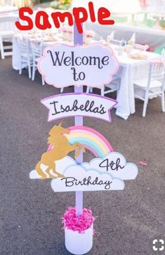 a sign that says welcome to idaho's 4th birthday and has a unicorn on it