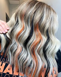 Reverse Calico Hair, Dyed Ends Hair, Long Blonde Hair With Color Peekaboos, Dark Brown And Blonde Color Block Hair, Blonde With Peekaboo Color Fall, Blonde Calico Hair, Halloween Hair Color Ideas For Blondes, Blonde With Black Color Block, Creative Color Hair