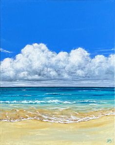 an oil painting of the ocean with clouds in the sky and sand on the beach