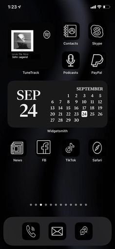 a black and white calendar with the date on it's side, as well as icons