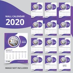 a set of wall calendars for the year 2020 with purple and white shapes on grey background