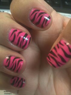 Super easy zebra nails! Pink nail polish and black striper. Fun Nails Easy, Black And Pink Zebra Nails, Scene Nails Simple, Zebra Nails Pink, Easy Diy Nail Art For Beginners, Black And Pink Nails Ideas, Zebra Stripe Nails, Tiger Stripe Nails, Scene Nails