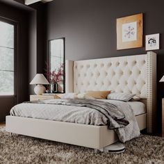 a bedroom with a bed, nightstands and windows