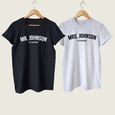 ------- Buy 2 T-shirts and get 25% OFF -------- This personalized Mr and Mrs Shirts is great choice as cool wedding gift for couple, Honeymoon or Wedding Anniversary. T-SHIRT DESCRIPTION: Our Tees are printed with Flex heat transfer technique which results with high quality performance such as print stretch without crushes and effective retained color that does not fade. Designs are printed on quality and soft T-Shirts. Fabric composition for individual T-Shirt color: - Dark heather grey shirt ( Custom Text Short Sleeve Tops For Wedding, Anniversary Crew Neck T-shirt With Custom Print, Customizable Short Sleeve Wedding Tops, Customizable Short Sleeve Tops For Wedding, Custom Text Crew Neck T-shirt For Family Reunion, Fitted Short Sleeve Tops For Anniversary, Black Short Sleeve Shirt For Wedding, Custom Text Crew Neck Top For Anniversary, Wedding T-shirt With Custom Print And Short Sleeves