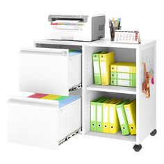 an office cabinet with file folders, binders and printer on the top shelf