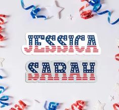 some red, white and blue streamers with the words fiesta sara written on them