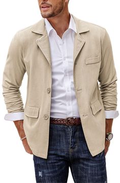 PRICES MAY VARY. Lightweight Fabric: This cotton linen jacket is soft and breathable, brings you comfortable feeling in all day. Features: Fashion linen blazer jacket designed with notched lapel collar, button closure, 2 real flap pockets, 1 decorative chest pocket and shoulder pads. Matching Tips: The linen suit jacket works best with a pair of jeans or chinos, and worn with a simple dress shirt or t shirts underneath, gets a relaxed but fashionable feel, also can pair with a suit pants. Occasi Linen Suits For Men, Casual Suits, Mens Linen, Linen Casual, Linen Suit, Simple Dress, Linen Jacket, Casual Sport, Dark Khaki