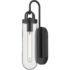 an outdoor wall light with a clear glass shade on the front and black metal frame