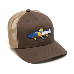 RepresentPA with The Youghiogheny Pennsylvania Hat--a snapback trucker hat in brown and khaki, featuring our PA brook trout patch. Pennsylvania has legendary streams, brooks, rivers, and lakes--places that mean something to you. Let other people know it! Features: Embroidered Trout-Shaped Logo Patch Meshback Panel Construction Snapback Closure Six-Panel, Mid-Profile Hat Design Structured Front Panel 47% Cotton, 25% Polyester, 28% Nylon Features Hat constructed by YP Headwear Fit: Modern trucker fit with a moderately upright front panel and shorter brim. It's got an outdoorsy, stylish vibe. If you try it on and don't like the fit, send it back! Brown Flat Brim Hat For Baseball Season, Brown Trucker Snapback Hat With Curved Brim, Brown Trucker Baseball Cap With Flat Brim, Brown Trucker Cap With Flat Brim, Brown Curved Bill Trucker Hat, Khaki Snapback Trucker Hat, One Size Fits Most, Brown Flat Bill Trucker Hat, Brown Flat Bill Trucker Hat For Baseball Season, Brown Trucker Hat With Curved Brim