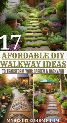 the steps leading up to a garden and backyard with text overlay that reads 17 adorable diy walkway ideas to transform your garden & backyard