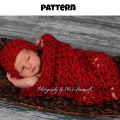 a newborn baby wearing a red knitted hat and sleeping in a basket with the words, crochet pattern