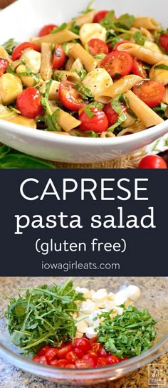 caprese pasta salad with tomatoes, mozzarella and parmesan cheese