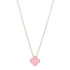 This is an authentic VAN CLEEF & ARPELS 18K Rose Gold Diamond Pink Porcelain Vintage Alhambra Pendant Necklace. The necklace is crafted of 18 karat rose gold and features the signature Alhambra clover motif set withpink porcelain and a single round brilliant cut diamond, approximately .05 carat. Van Cleef Alhambra Bracelet Rose Gold, Pink Van Cleef Necklace, Van Cleef And Arpels Jewelry Necklace, Pink Van Cleef, Vintage Alhambra Pendant, Van Cleef Necklace, Alhambra Necklace, Alhambra Pendant, Pink Porcelain