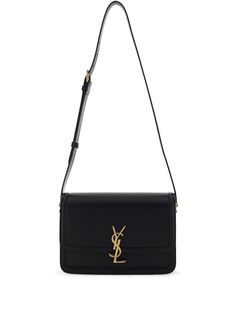 black leather adjustable detachable shoulder strap logo buckle fastening main compartment internal slip pocket gold-tone hardware The Saint, Monogrammed Leather, Shoulder Bag Black, Saint Laurent Bag, Leather Shoulder Bag, Calf Leather, Saint Laurent, Fashion Branding, Shoulder Strap