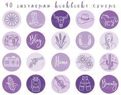 purple and white buttons with the words, images, and symbols