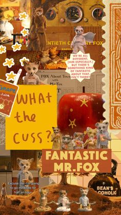 a collage of various pictures with words and images on them that say what the cuss? fantastic mr fox