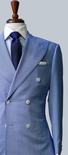 The color of a perfect sky describes our Portofino sport jacket from our latest Geneva collection. Crafted from lightweight wool with a subtle micro check, nothing says summer fun like this versatile sport jacket. Six on 2 button closure, wide peak lapels and patch pockets complete the picture. This light in color and soft to the touch wool, sport jacket is available as full suit jacket as well. All details can be customized at the client's request. Classic Blue Double Breasted Suit With Lapel Collar, Classic Blue Double-breasted Suit With Lapel Collar, Blue Double-breasted Blazer With Welt Pockets, Luxury Blue Blazer With Double Button Closure, Blue Double-breasted Suit With Welt Pockets, Light Blue Business Blazer With Suit Collar, Luxury Sport Coat For Semi-formal Spring Occasions, Luxury Spring Sport Coat For Business Casual, Luxury Spring Sport Coat For Semi-formal Events