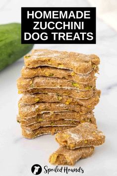 homemade zucchini dog treats stacked on top of each other with text overlay